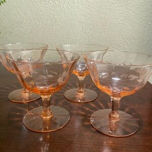 Vintage, Set of 4, Pink Depression Glass Champagne Coupes or Sherbet Glasses